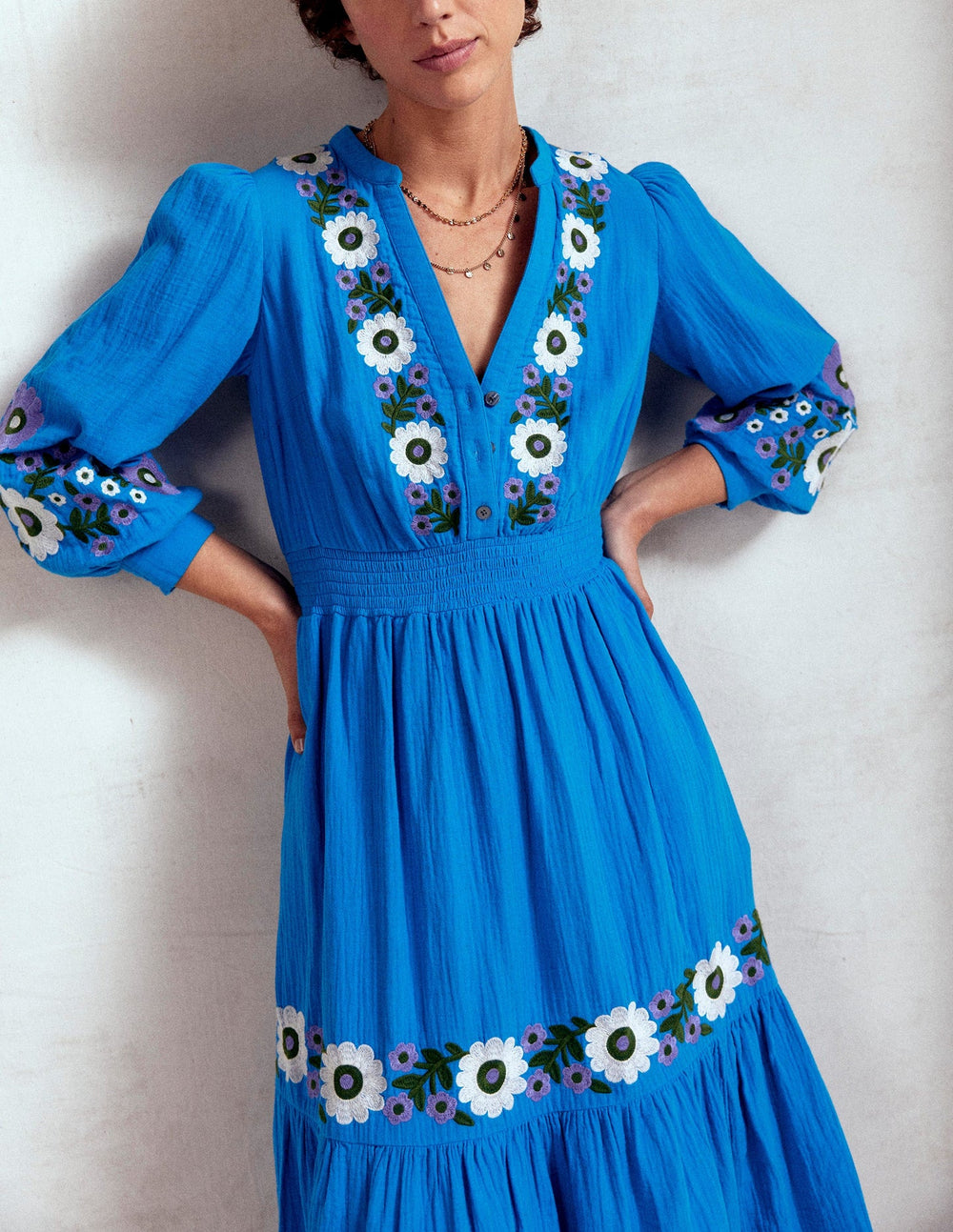 Elena Double Cloth Midi Dress - Blue Embroidery