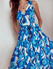 V - Neck Belted Flare Dress - Blue, Abstract Swirl