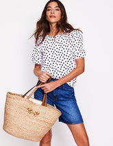 Mila Trim Detail Top - Ivory, French Navy Dot