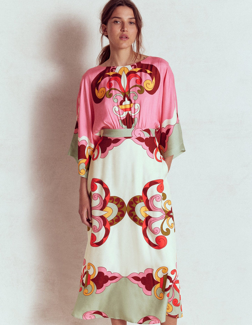 Flute Sleeve Midi Dress - Pink Rose, Ornate Reflection