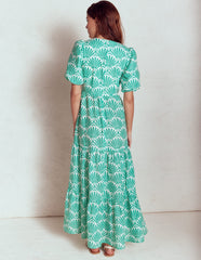 Tiered Poplin Maxi Dress - Aquamarine Blue, Deco Palm