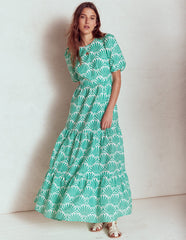 Tiered Poplin Maxi Dress - Aquamarine Blue, Deco Palm