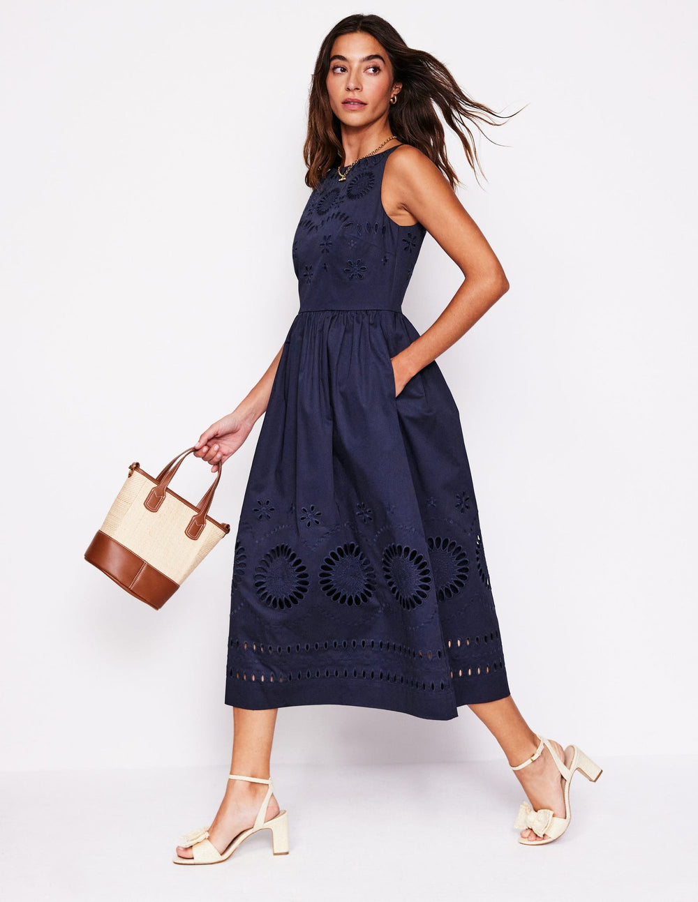 Lauren Broderie Midi Dress - Navy
