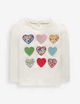Frill Neck Appliqué T-shirt - Soft Ivory Hearts