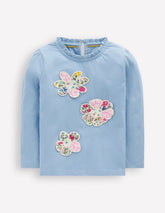 Frill Neck Appliqué T-shirt - Glacier Blue Flowers