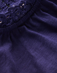 Broderie Trim Jersey Top - Starboard Blue