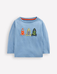 Long Sleeve Applique T-shirt - Blue Rockets
