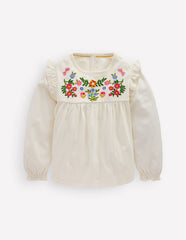 Embroidered Jersey Yoke Top - Soft Ivory Embroidery