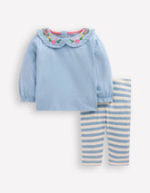 Collared Jersey Set - Blue Floral Embroidery