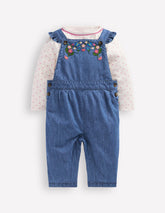 Woven Overalls Set - Blue Chambray Embroidery