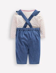 Woven Overalls Set - Blue Chambray Embroidery