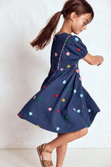 Puff Sleeve Double Cloth Dress - Starboard Blue Hearts