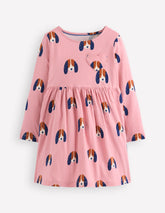 Heart Pocket Fun Jersey Dress - Vintage Pink Spaced Pups