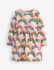 Heart Pocket Fun Jersey Dress - Oatmeal Marl Rainbow Hearts