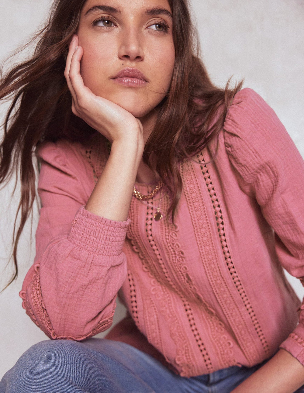 Trim Interest Double Cloth Top - Pink Heather