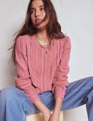 Trim Interest Double Cloth Top - Pink Heather