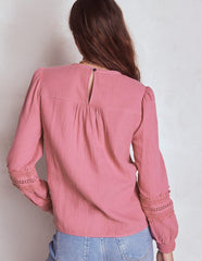 Trim Interest Double Cloth Top - Pink Heather