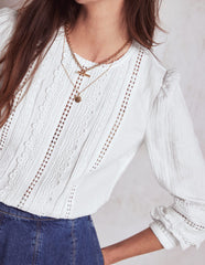 Trim Interest Double Cloth Top - White