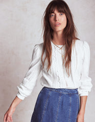 Trim Interest Double Cloth Top - White