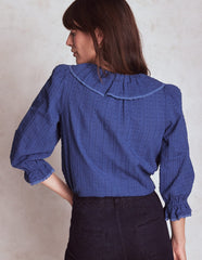 Ruffle V - Neck Blouse - Denim Blue