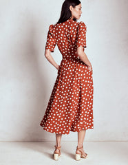 Kate Puff Sleeve Belted Dress - Brown, Painted Dot