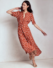 Kate Puff Sleeve Belted Dress - Brown, Painted Dot