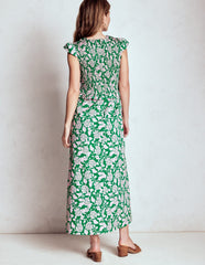 Carolina Smocked Midi Dress - Rich Emerald, Ornate Vine