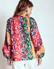 Long Sleeve Notch Top - Multi, Ornate Vine