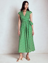 Julia Cotton Wrap Midi Dress - Highland Green, Painted Dot