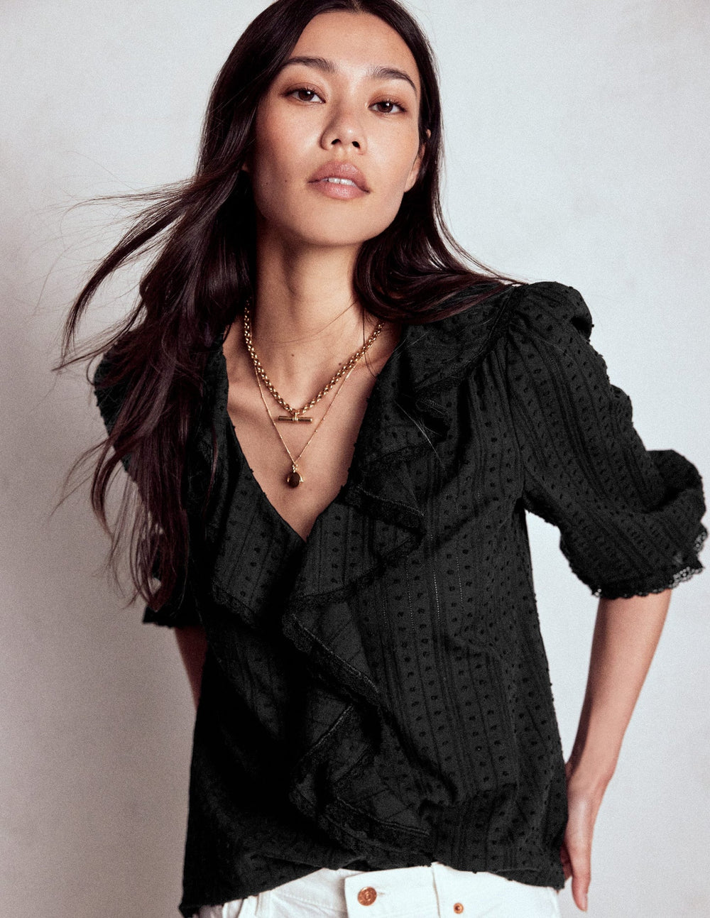 Ruffle V - Neck Blouse - Black