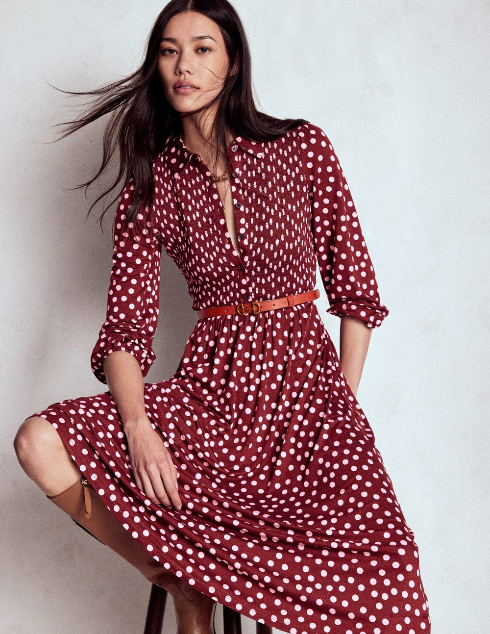 Smocked Jersey Shirt Dress - Chestnut, Painted Dot