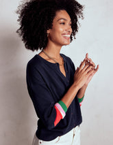 Lara Relaxed Cotton Cardigan - Navy, Cuff Stripe