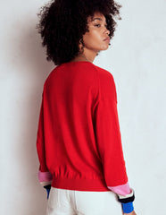 Lara Relaxed Cotton Cardigan - Poppy Red, Cuff Stripe
