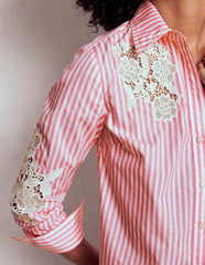 Sienna Interest Cotton Shirt - Pink and Ivory Cutwork Stripe