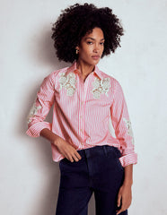 Sienna Interest Cotton Shirt - Pink and Ivory Cutwork Stripe