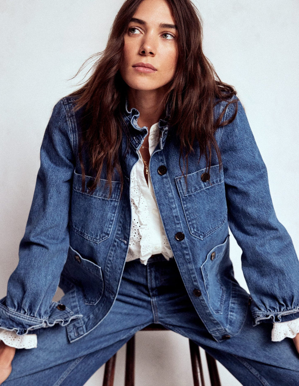 Denim Frill Collar Jacket - Mid Wash