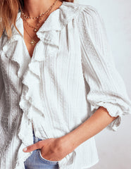 Ruffle V - Neck Blouse - White