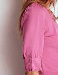 Short Sleeve Smocked Cuff Top - Purple Damson