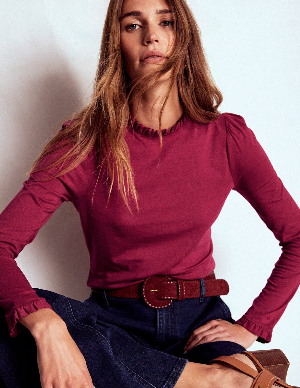 Supersoft Frill Detail Top - Burgundy Red
