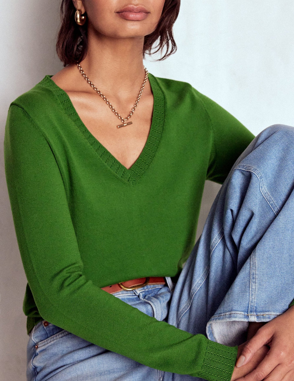 Emilia Cotton V Neck Sweater - Promenade Green