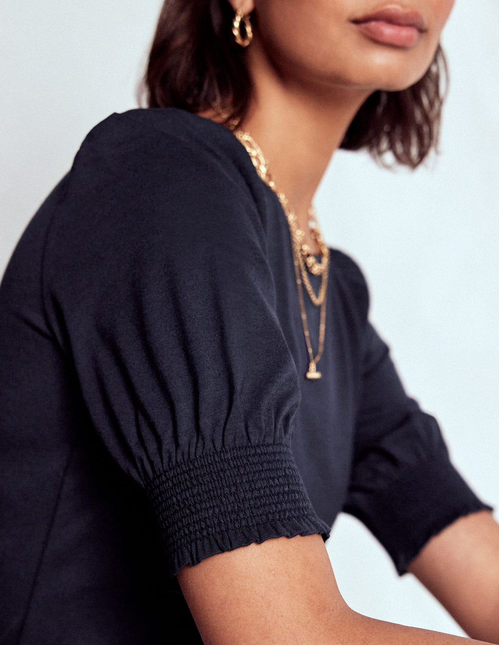 Short Sleeve Smocked Cuff Top - Navy
