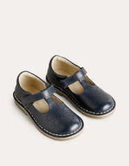 Leather T - bar Flats - Navy