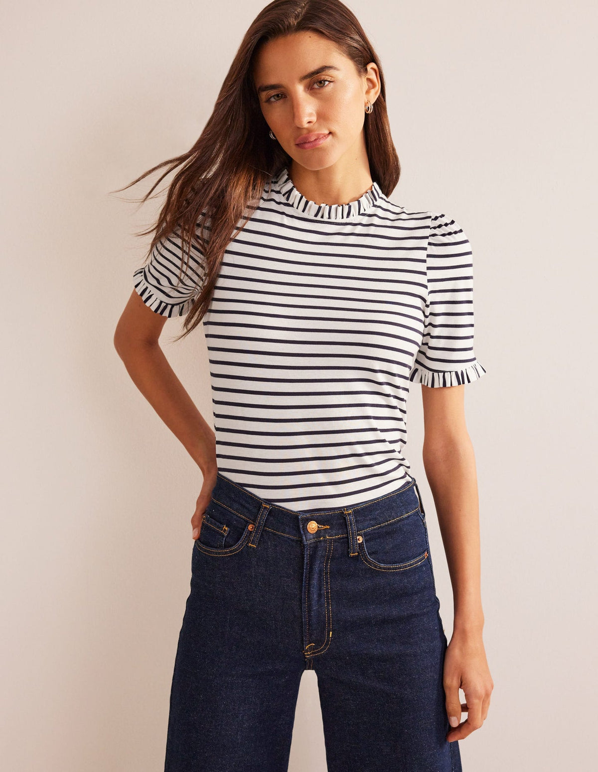Supersoft Frill Detail T-shirt - Ivory, Navy Stripe