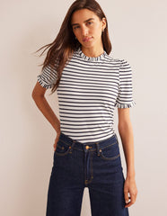 Supersoft Frill Detail T-shirt - Ivory, Navy Stripe