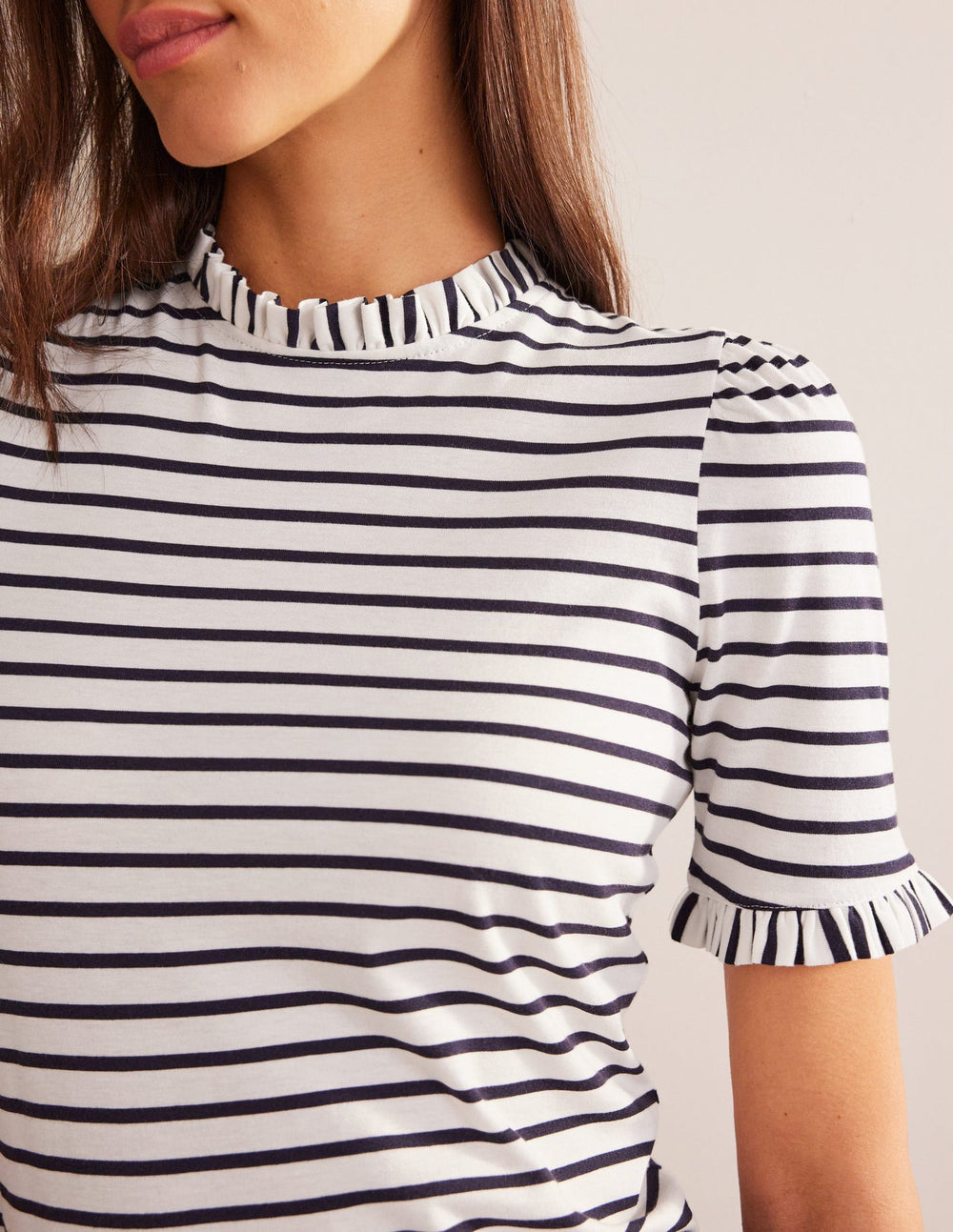 Supersoft Frill Detail T-shirt - Ivory, Navy Stripe