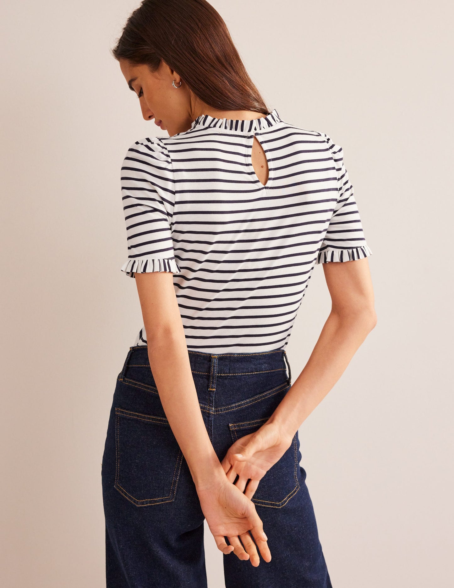 Supersoft Frill Detail T-shirt - Ivory, Navy Stripe
