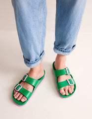 Lyla Double Buckle Sliders - Rich Emerald/Soft Pink