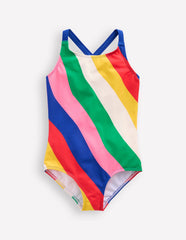 Cross - back Printed Swimsuit - Multi Rainbow Swirl