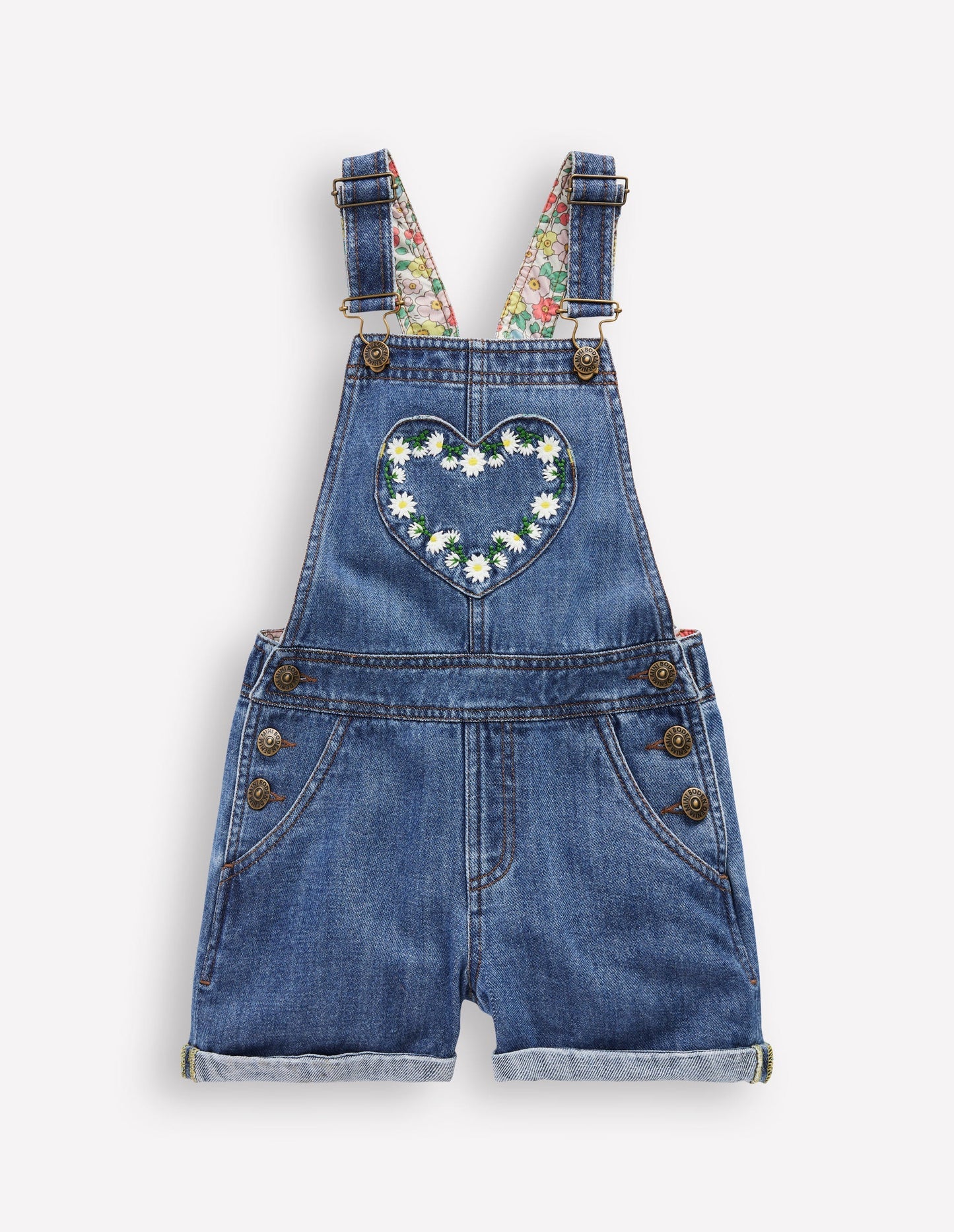 Heart Pocket Short Overalls - Vintage Embroidered Daisy