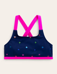 Cross - back Bikini Top - Navy Rainbow Confetti Spot